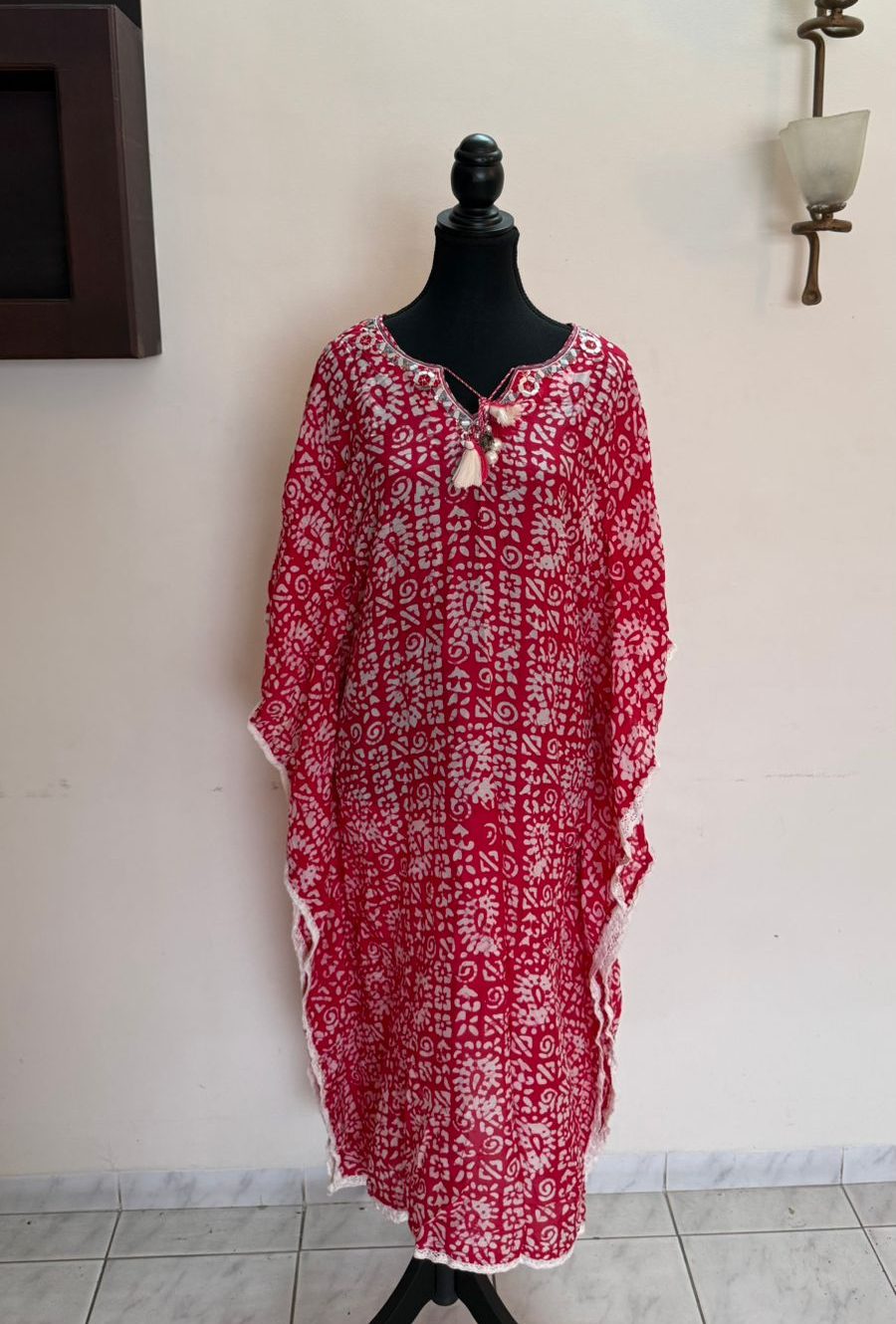 Red Kaftan in Muslin with Waist Tie