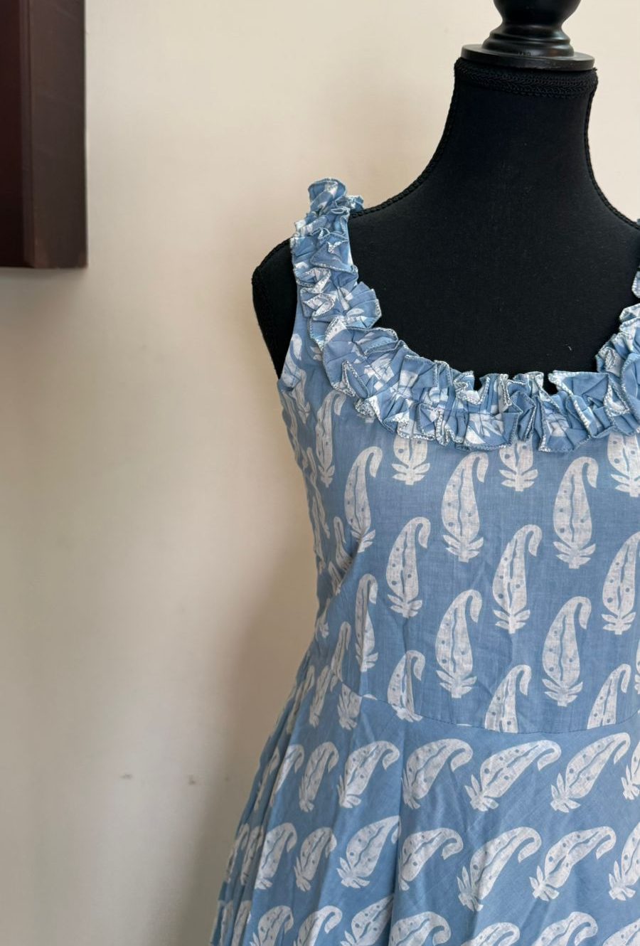 Sky Blue Ruffle Neck Cotton Dress - Image 2