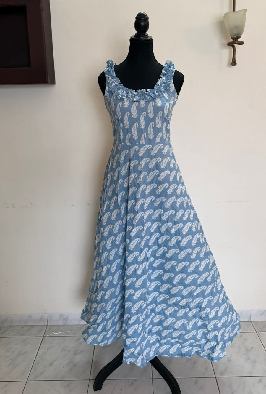 Sky Blue Ruffle Neck Cotton Dress