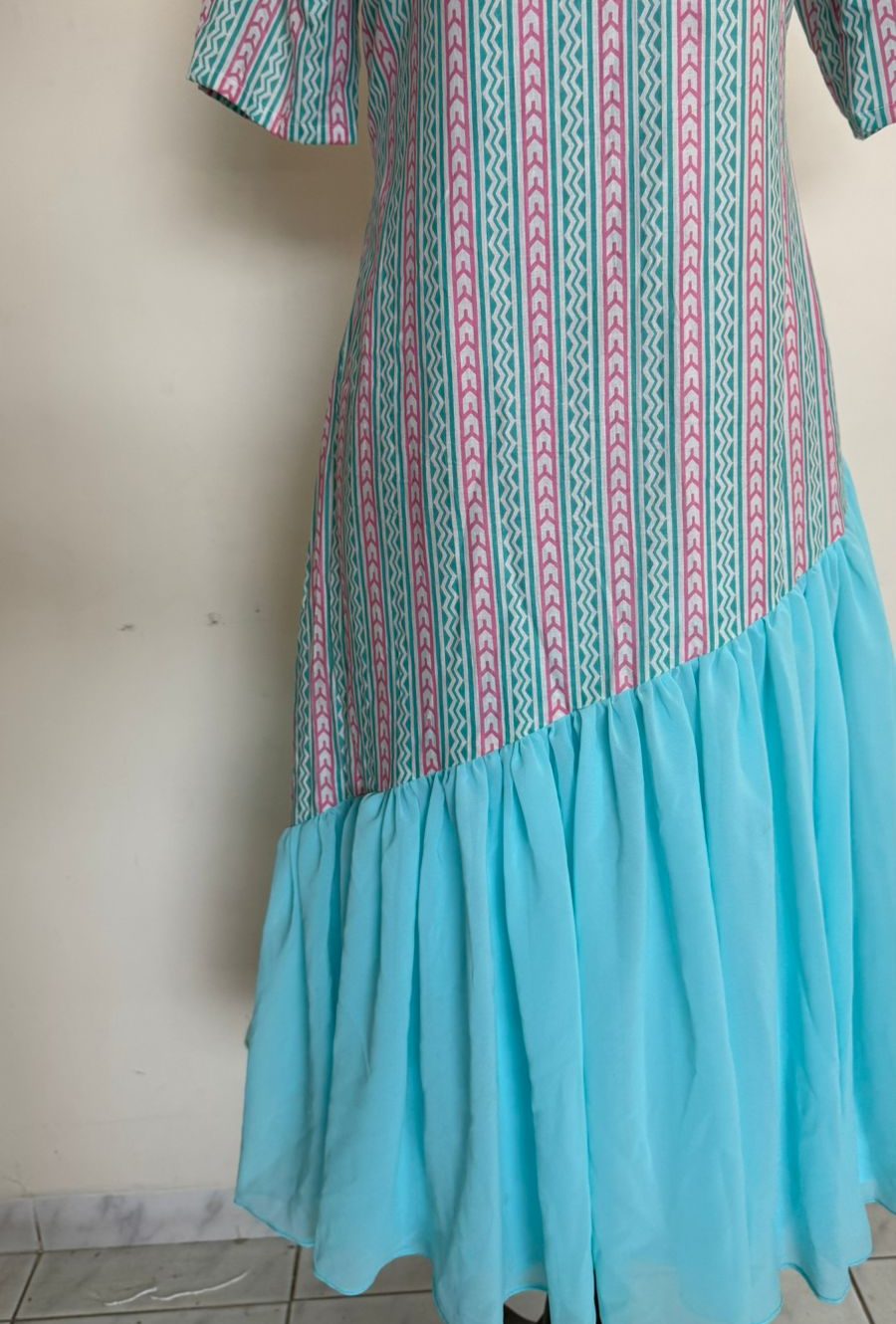 Pink & Blue Asymmetrical Hemline Dress