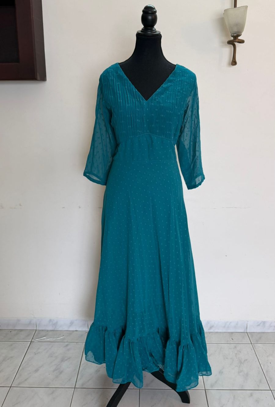 Teal Blue Pleated Yoke Dress
