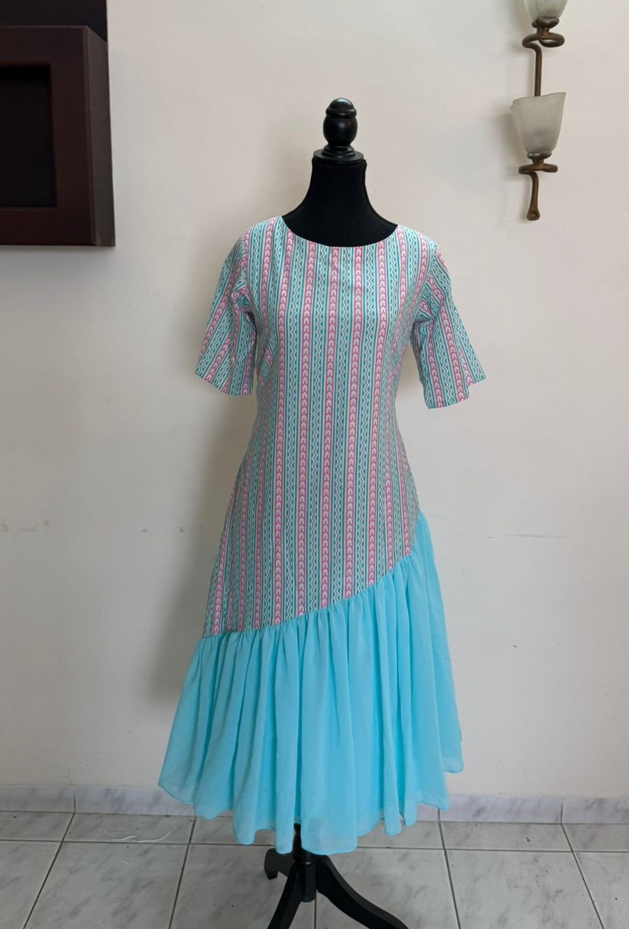 Pink & Blue Asymmetrical Hemline Dress