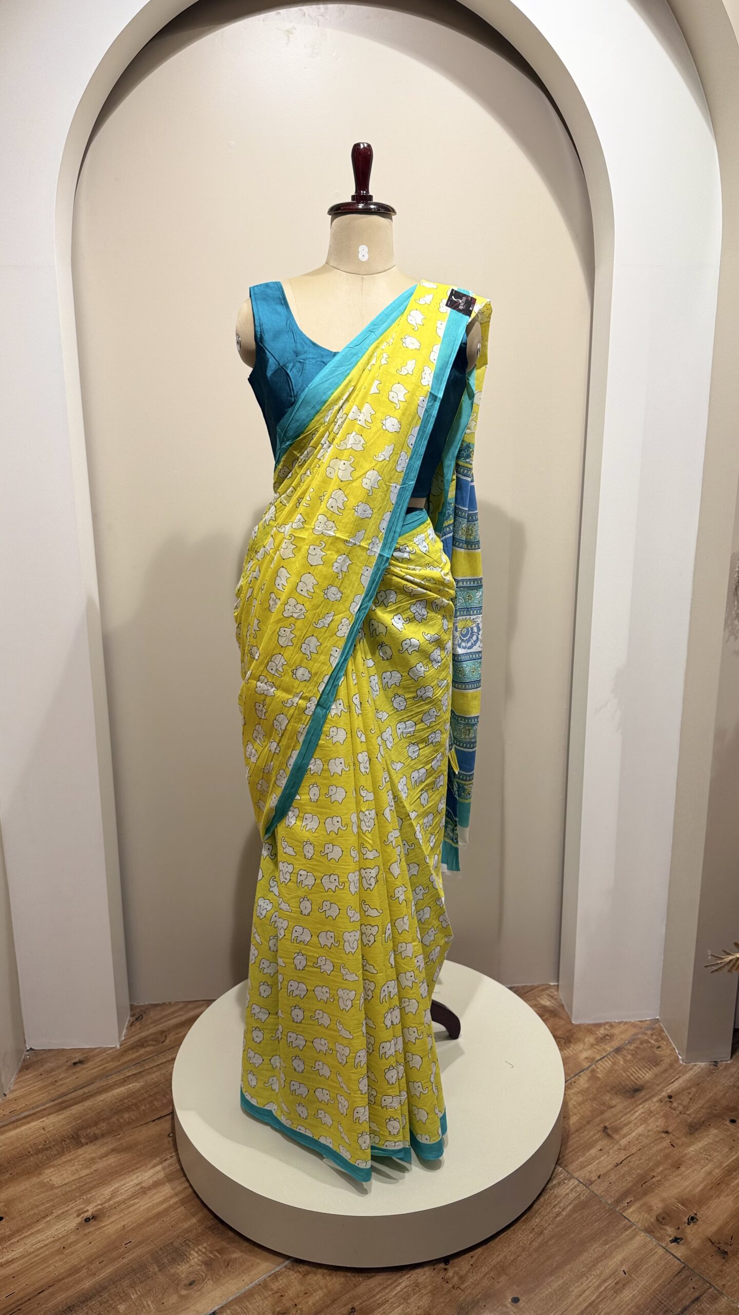 Yellow Handblock Printed Cotton Saree with Teal Border